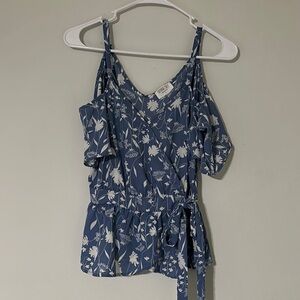 Sienna Sky Blue and White Ruffled Flutter Sleeve Blouse